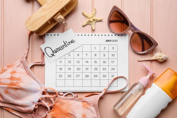 Calendar Beach Accessories Color Wooden Background — Stock Photo, Image