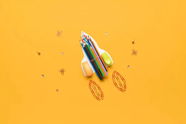 Spaceship Made School Stationery Color Background — Stock Photo, Image