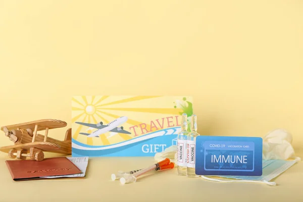 Immune Card Travel Voucher Passport Covid Vaccine Color Background — Stock Photo, Image