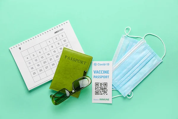 Immune Passport Medical Masks Calendar Color Background — Stock Photo, Image