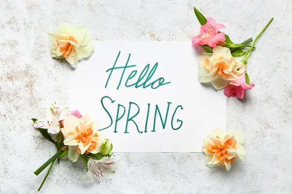 Text Hello Spring Beautiful Flowers Light Background — Stock Photo, Image