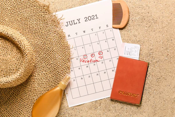Calendar Marked Dates Passport Ticket Female Accessories Sand — Stock Photo, Image