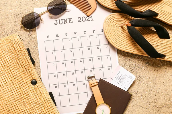 Calendar Beach Accessories Passport Ticket Sand — Stock Photo, Image