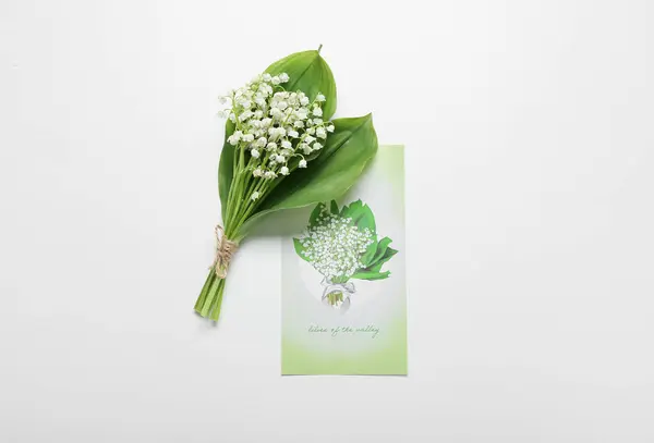 Beautiful Lily Valley Flowers Greeting Card White Background — Stock Photo, Image