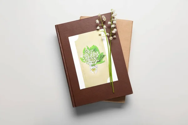 Beautiful Lily Valley Flowers Books Greeting Card Light Background — Stock Photo, Image