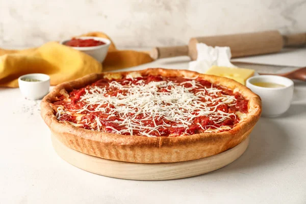 Tasty Chicago Style Pizza Ingredients Light Background — Stock Photo, Image