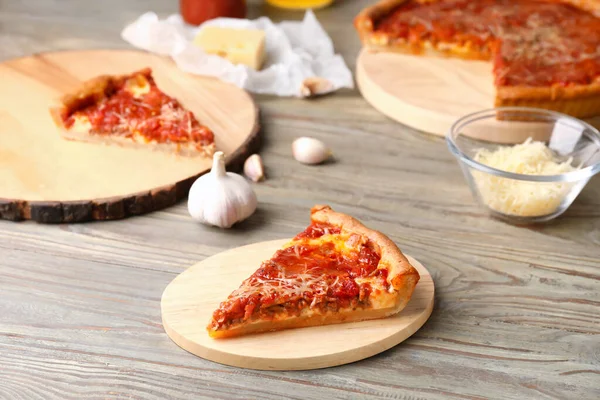 Tasty Chicago Style Pizza Ingredients Wooden Background — Stock Photo, Image