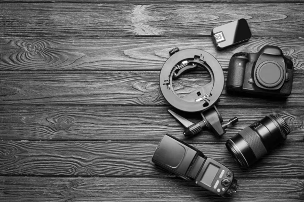 Modern Photographer Equipment Dark Wooden Background — Stock Photo, Image