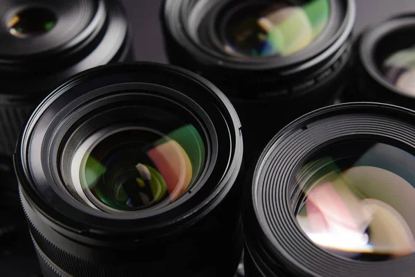 Set Modern Camera Lenses Closeup — Stock Photo, Image