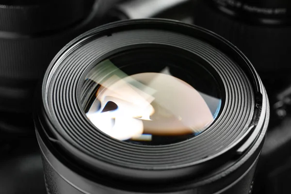 Camera Lens Dark Background Closeup — Stock Photo, Image