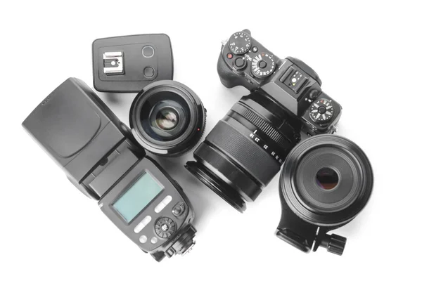 Modern Photographer Equipment White Background — Stock Photo, Image
