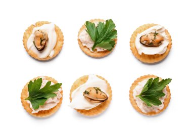 Beyaz arka planda midyeli ve peynirli lezzetli krakerler.