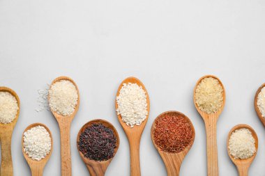 Açık arkaplanda farklı tipte çiğ pirinç içeren kaşıklar.