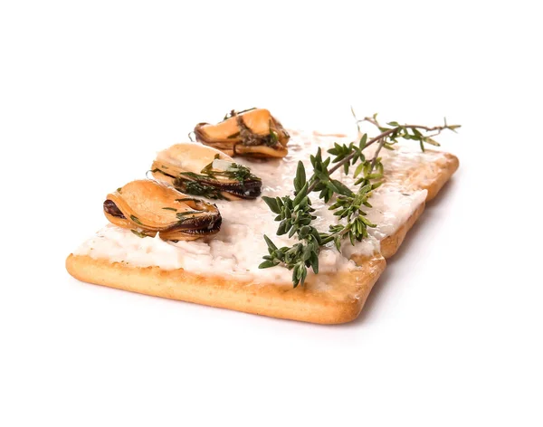 Tasty Cracker Mussels Thyme White Background — Stock Photo, Image