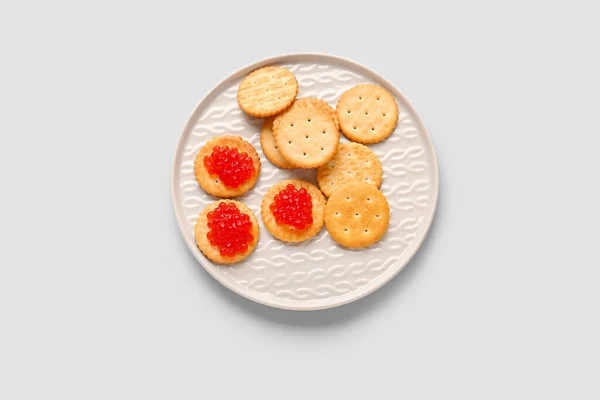 Tasty Crackers Red Caviar Grey Background — Stock Photo, Image