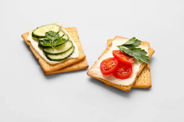 Tasty Crackers Cheese Tomatoes Cucumber Grey Background — Stock Photo, Image