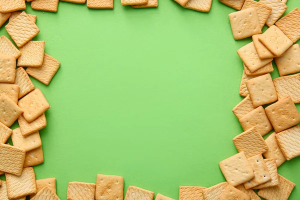 Frame Made Tasty Crackers Color Background — Stock Photo, Image