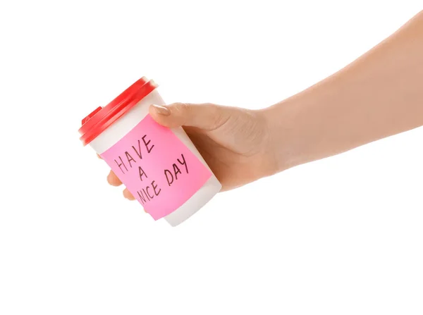 Woman Holding Cup Sticker Note Text Have Nice Day White — Stock Photo, Image