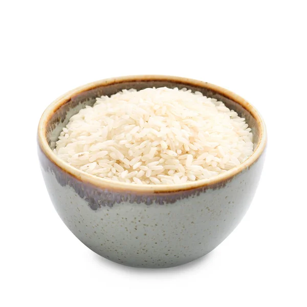 Beyaz Arka Planda Çiğ Pirinçli Kase — Stok fotoğraf