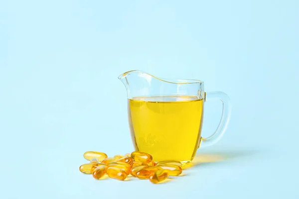 Jug Fish Oil Capsules Color Background — Stock Photo, Image