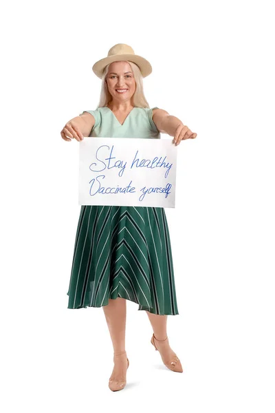 Senior Woman Holding Poster Text Stay Healthy Vaccinate Yourself White — Stock Photo, Image