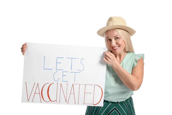 Senior Woman Holding Poster Text Let Get Vaccinated White Background — Stock Photo, Image