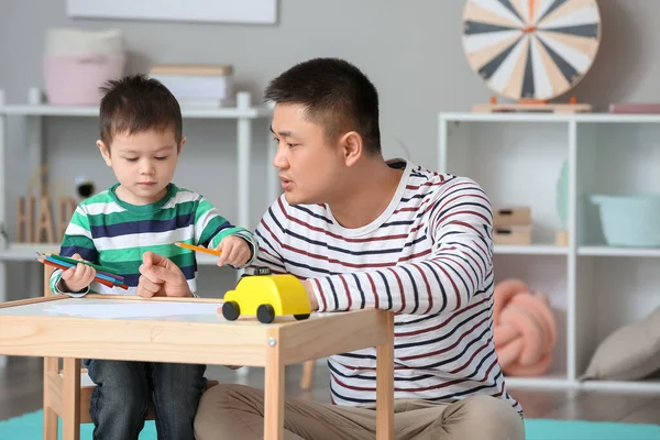 Happy Father Son Drawing Home — Stock Photo, Image