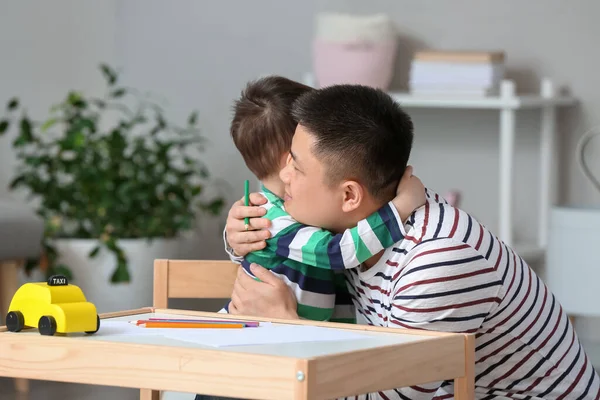 Happy Father His Little Son Hugging Home — Stock Photo, Image