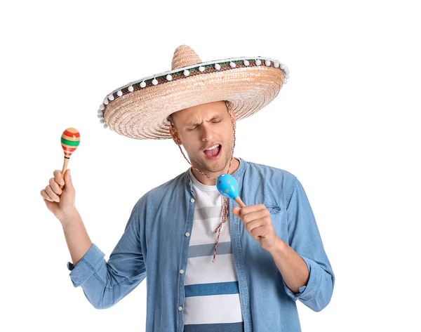 Ευτυχισμένος Νεαρός Μεξικάνος Καπέλο Σομπρέρο Και Μαράκες Λευκό Φόντο — Φωτογραφία Αρχείου
