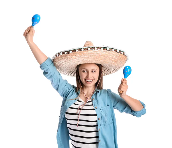 Jovem Mexicana Feliz Chapéu Sombrero Com Maracas Fundo Branco — Fotografia de Stock