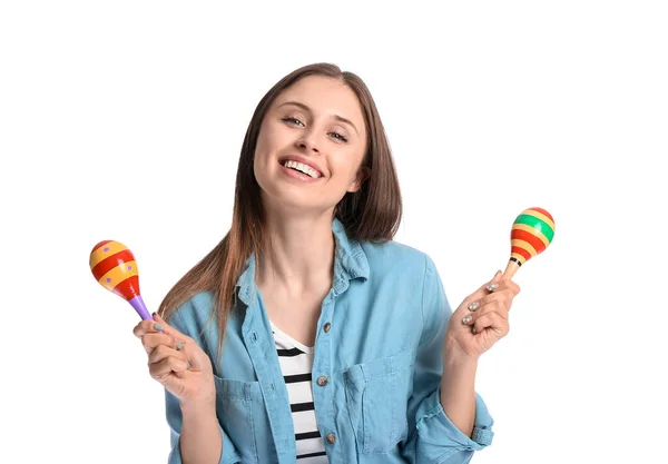 Happy Young Mexican Woman Maracas White Background — Stock Photo, Image