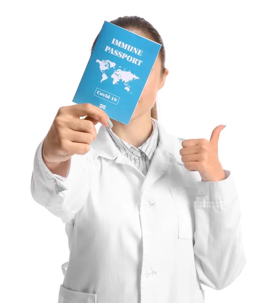 Happy Female Doctor Immune Passport White Background — Stock Photo, Image
