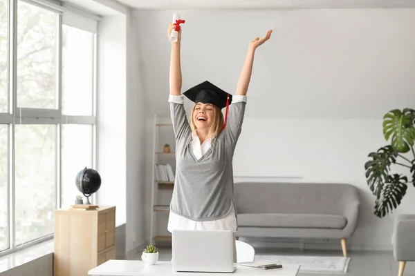 Happy Female Student Her Graduation Day Home Concept Online Education — Stock Photo, Image