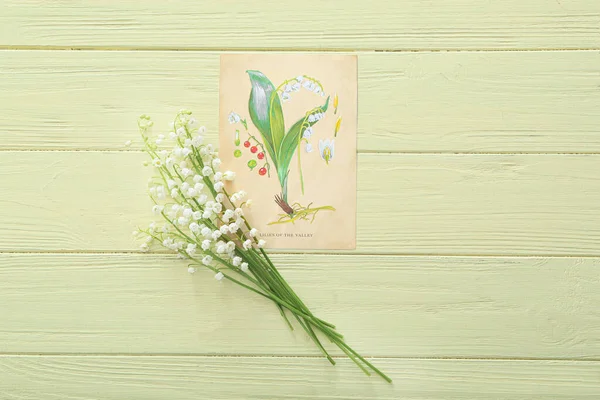 Beautiful Lily Valley Flowers Greeting Card Color Wooden Background — Stock Photo, Image