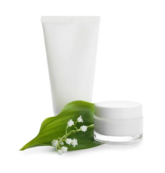 Kozmetikai Termékek Liliom Valley Virágok Fehér Alapon — Stock Fotó