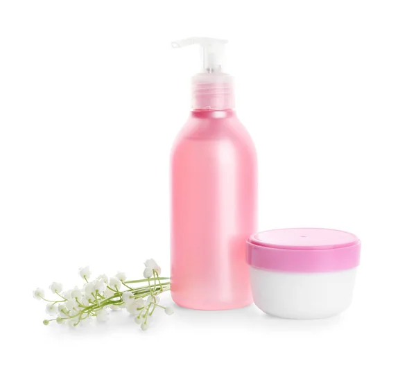 Cosmetische Producten Lelie Van Vallei Bloemen Witte Achtergrond — Stockfoto