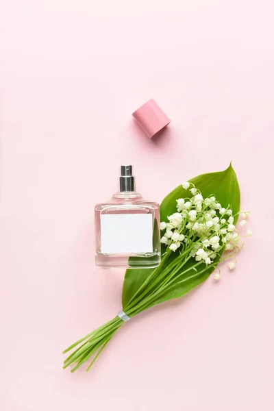 Bottle Perfume Lily Valley Flowers Color Background — Stock Photo, Image