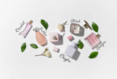 Hafif arka planda şişe parfümlerinin çeşitli çeşitleri