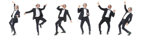 Δροσερό Ανώτερος Άνθρωπος Χορεύει Πάνω Λευκό Φόντο — Φωτογραφία Αρχείου