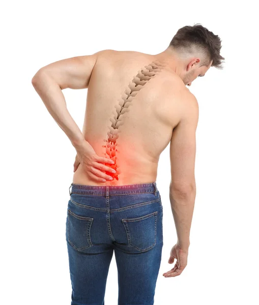 Young Man Suffering Back Pain White Background — Stock Photo, Image