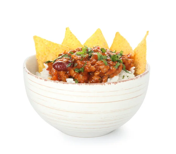 Bowl Tasty Chili Con Carne Rice Nachos White Background — Stock Photo, Image