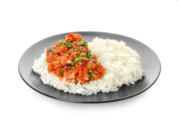 Тарелка Вкусным Соусом Чили Рисом Белом Фоне — стоковое фото