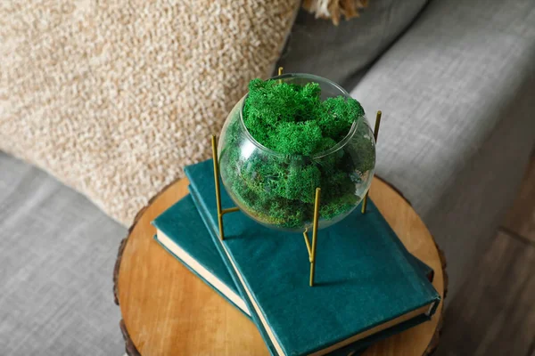 Books and decorative green moss in interior of room