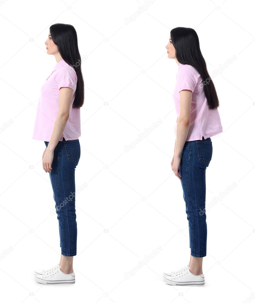 Young woman with bad and proper posture on white background