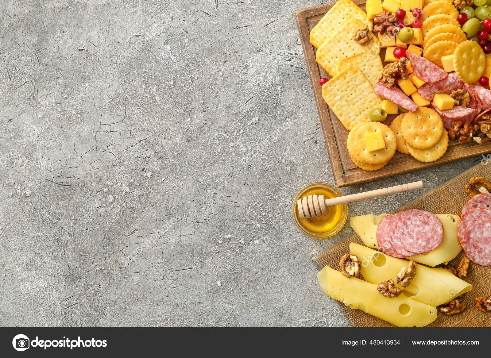 Board Tasty Crackers Cheese Snacks Grey Background Stock Photo by