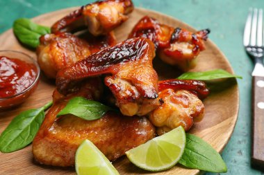 Renkli arka planda kızarmış tavuk kanadı tabağı