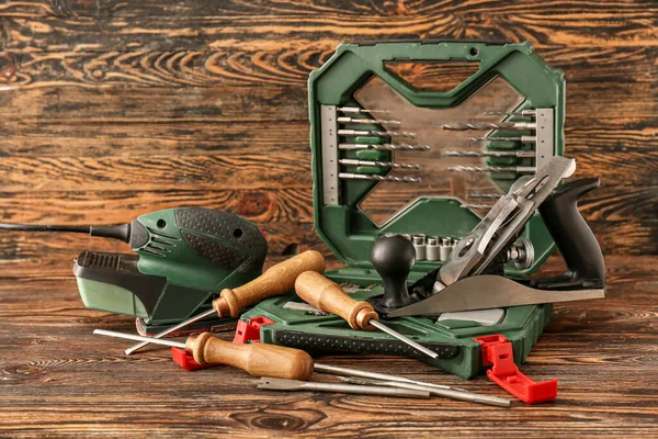 Set Carpenter Tools Wooden Background — Stock Photo, Image