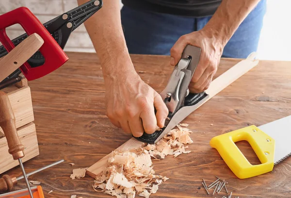 Carpenter Planing Plank Wooden Table Closeup — Stock Photo, Image