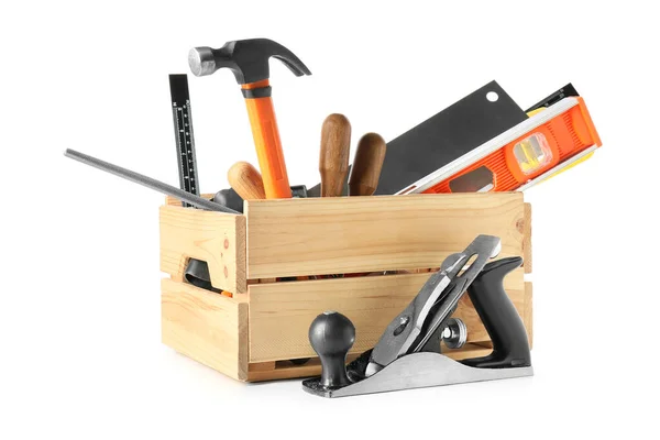 Box Different Carpenter Tools White Background — Stock Photo, Image