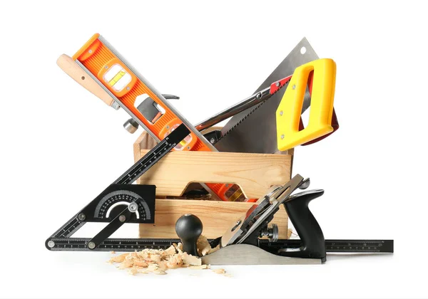 Box Different Carpenter Tools White Background — Stock Photo, Image